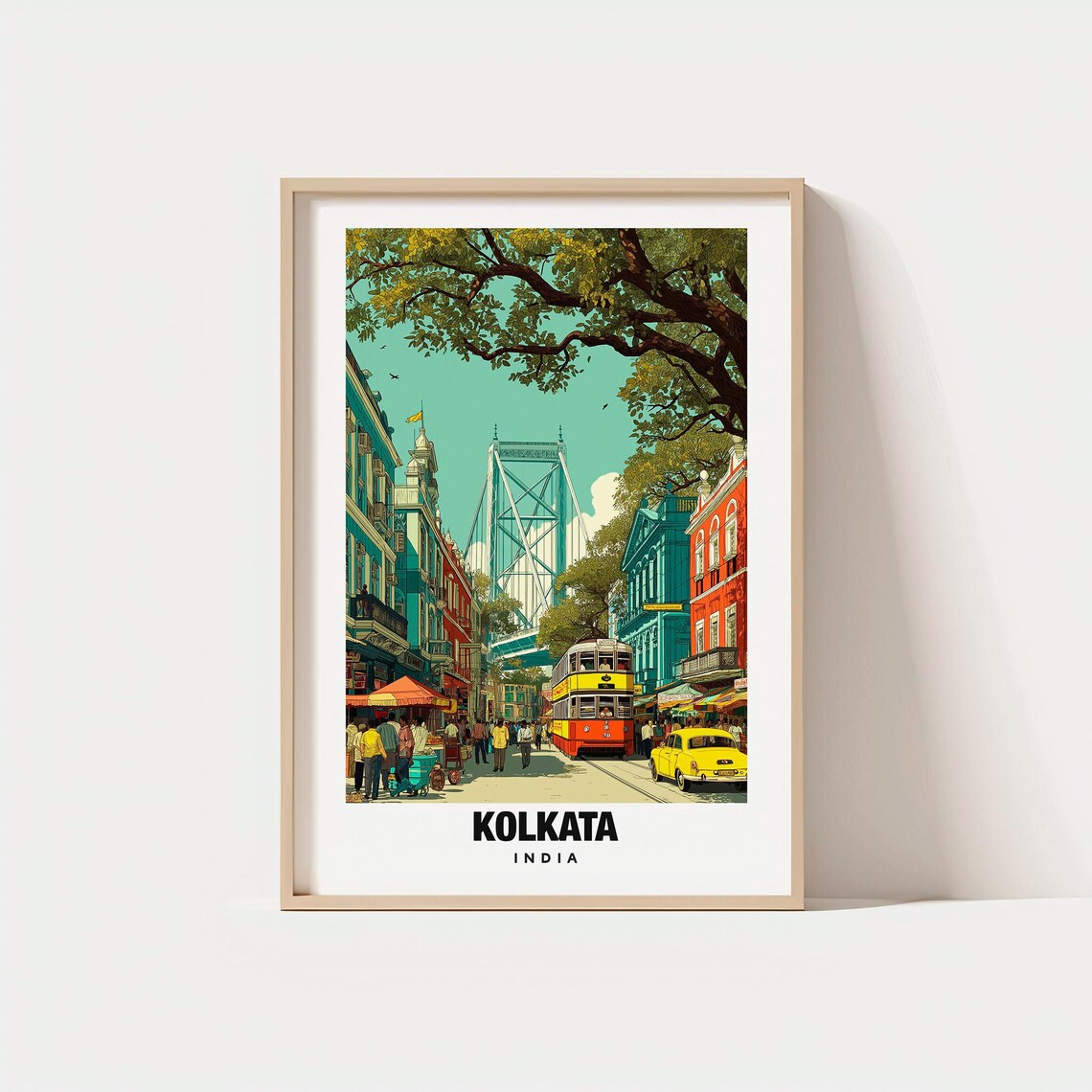 Kolkata India Colonial Street Red Tram Howrah Bridge City Poster