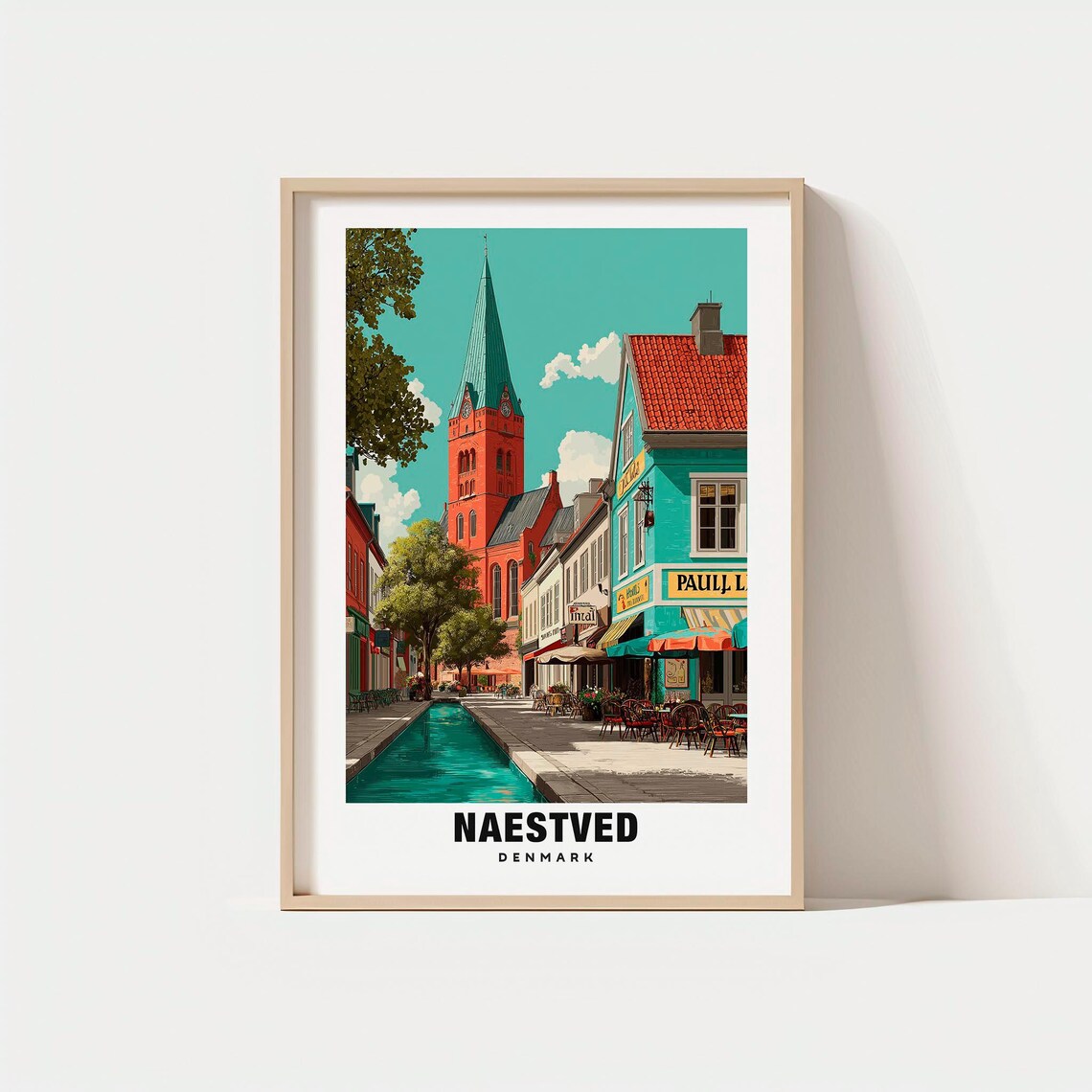 Naestved Denmark Travel Poster Red Church Spire Canal Street Scene Art