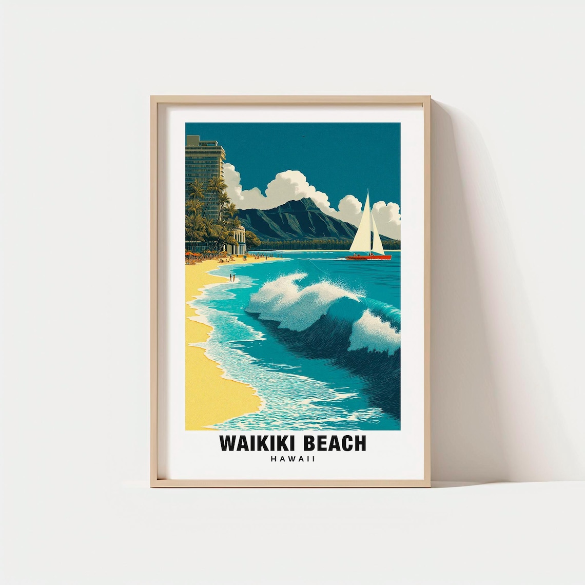 Waikiki Beach Hawaii Vintage Diamond Head Surf Wave Travel Poster
