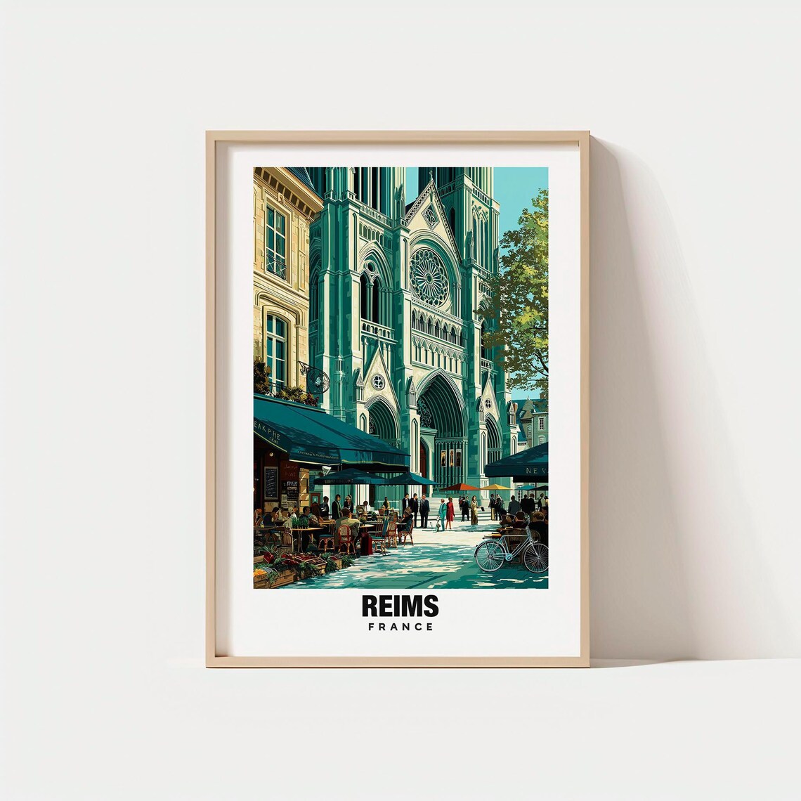 Reims France Vintage Gothic Cathedral Rose Window Cafe Travel Poster