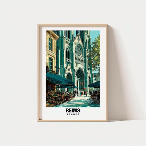Reims France Vintage Gothic Cathedral Rose Window Cafe Travel Poster
