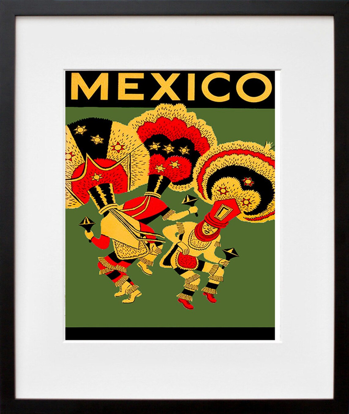 Mexico Folk Dancers Feathered Headdress Vintage Travel Art Poster