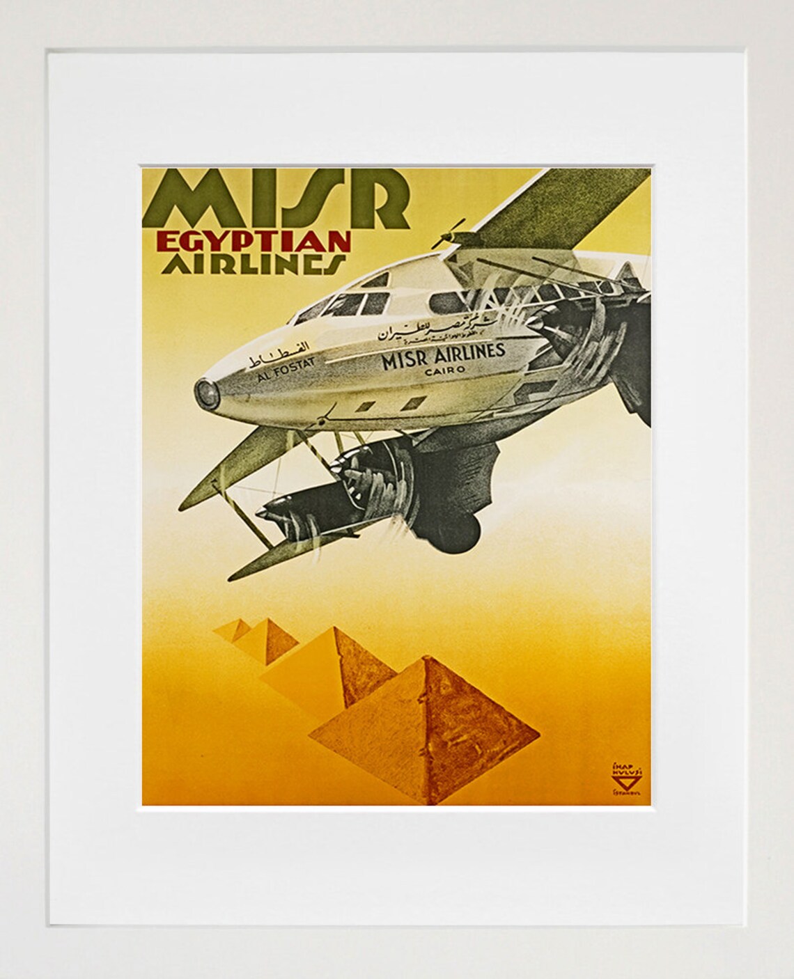 Misr Egyptian Airlines Al Fostat Vintage Biplane Pyramids Poster - Image 2