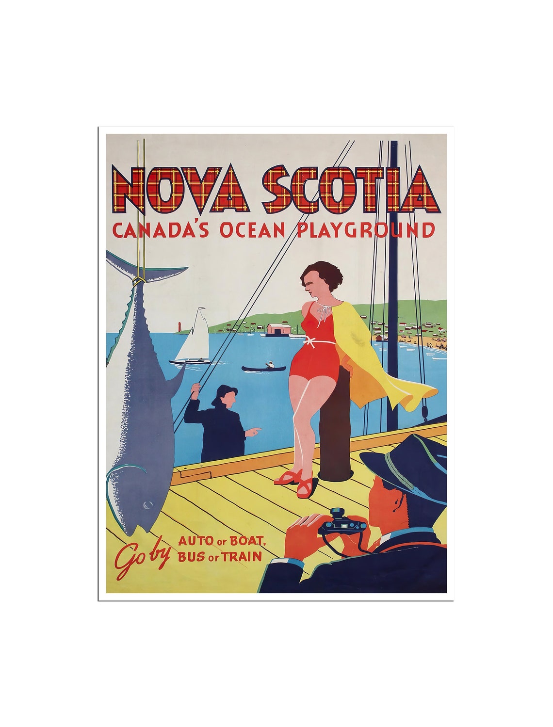 Nova Scotia Canada Ocean Playground Fishing Boat Vintage Travel Poster