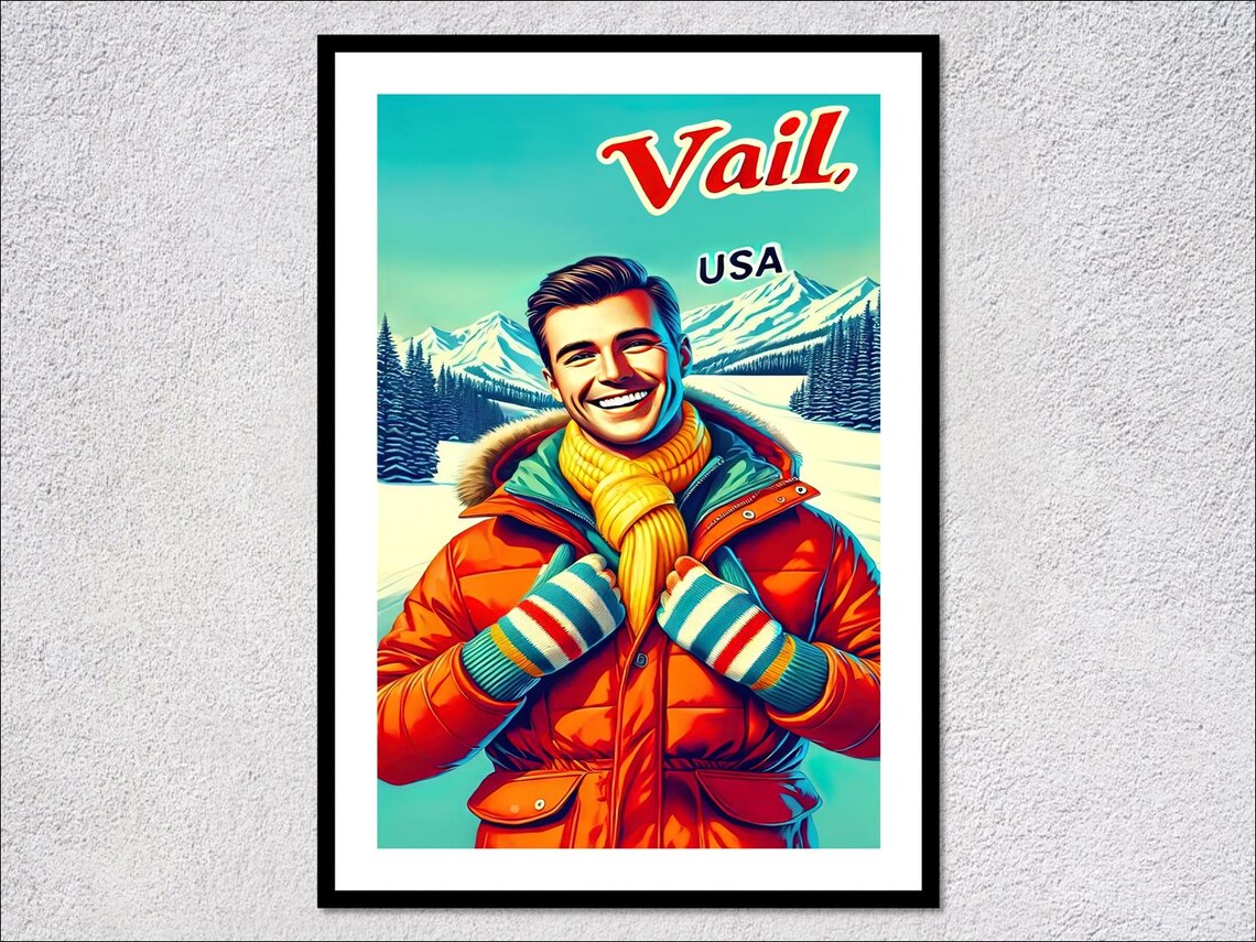 Vail USA Smiling Skier Orange Puffer Jacket Snowy Peaks Vintage Poster