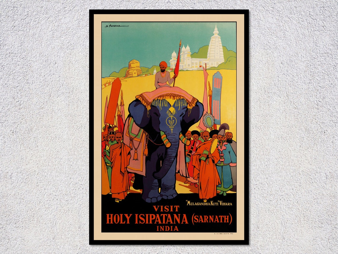 Sarnath India Holy Isipatana Elephant Procession Vintage Travel Poster
