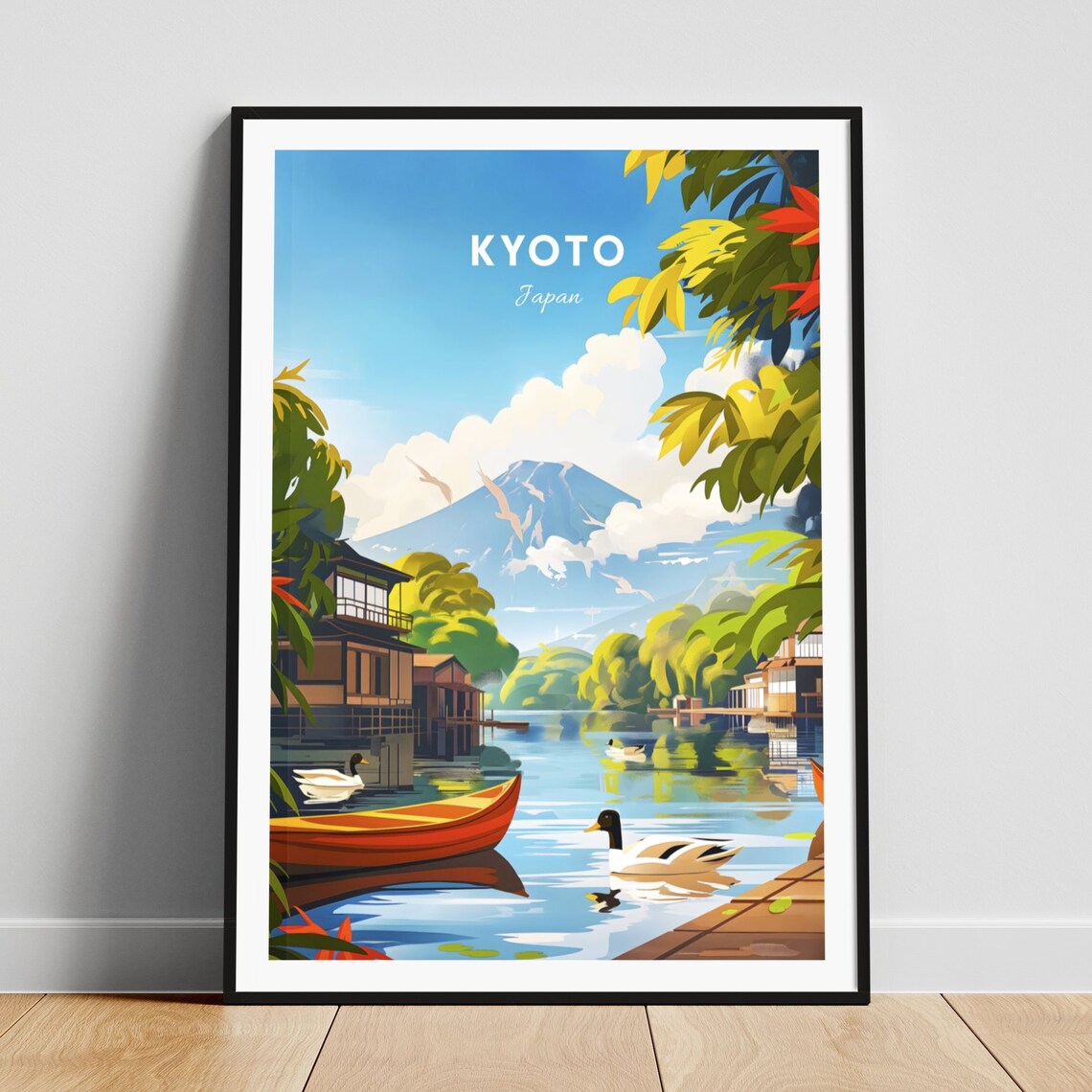Kyoto Japan Lakeside Mt Fuji Wooden Houses Ducks Travel Poster