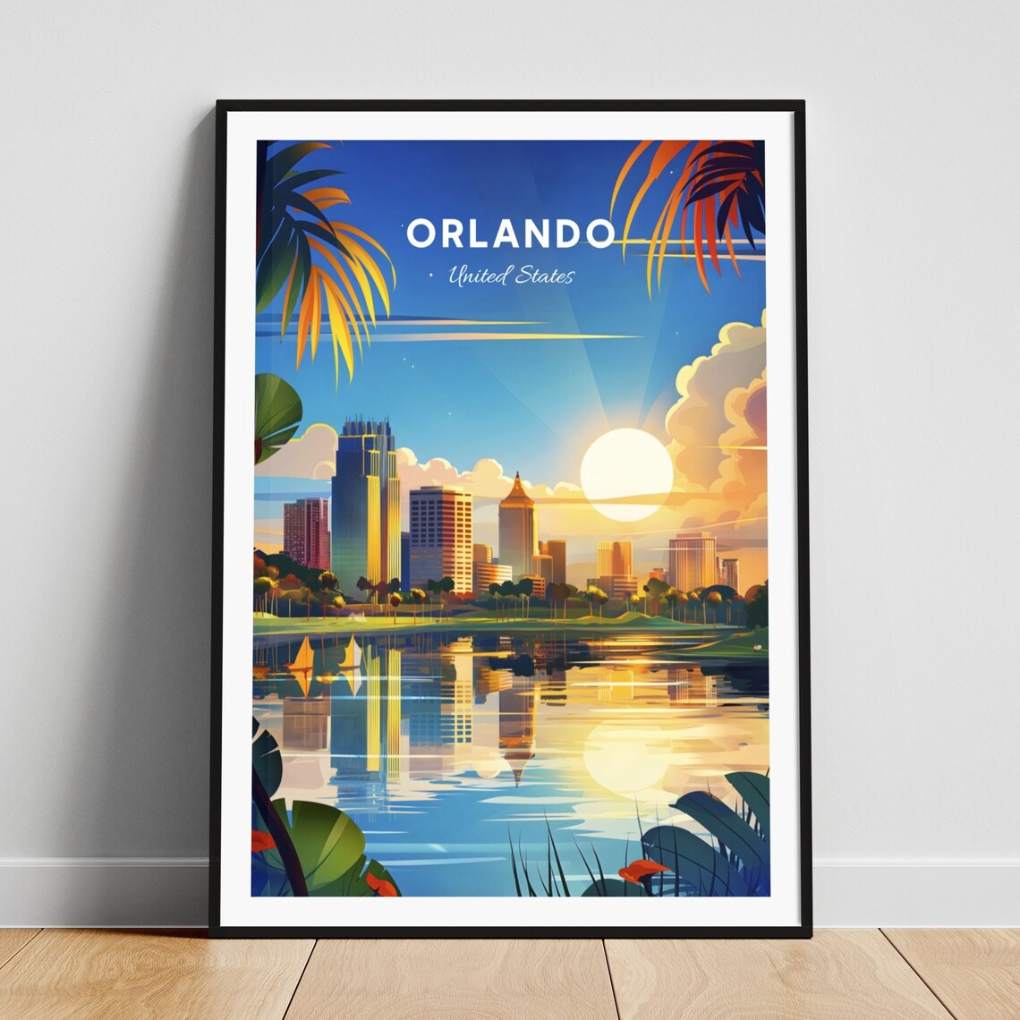 Orlando Downtown Skyline Sunset Lake Reflection Vintage Travel Poster