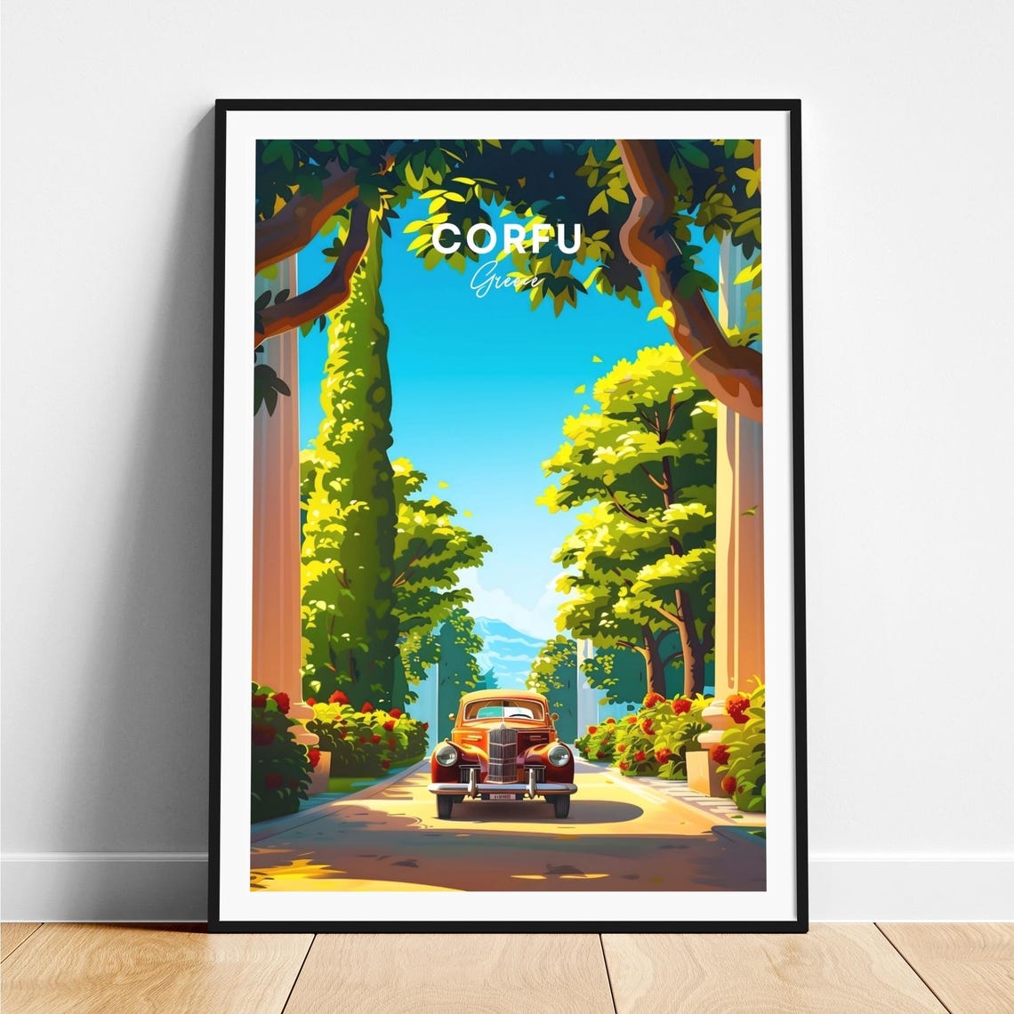 Corfu Greece Vintage Car on Tree Lined Drive with Roses Poster