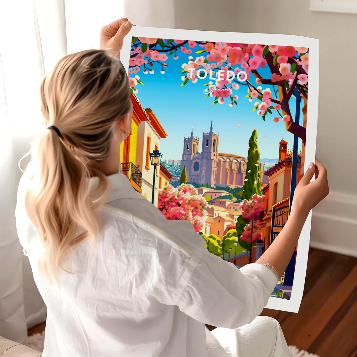 Toledo Spain Old Town Street Blossom Trees Springtime Poster - Image 3