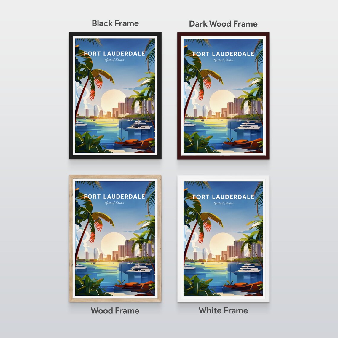 Fort Lauderdale Marina Skyline Sunset Yachts Harbor Travel Poster - Image 2