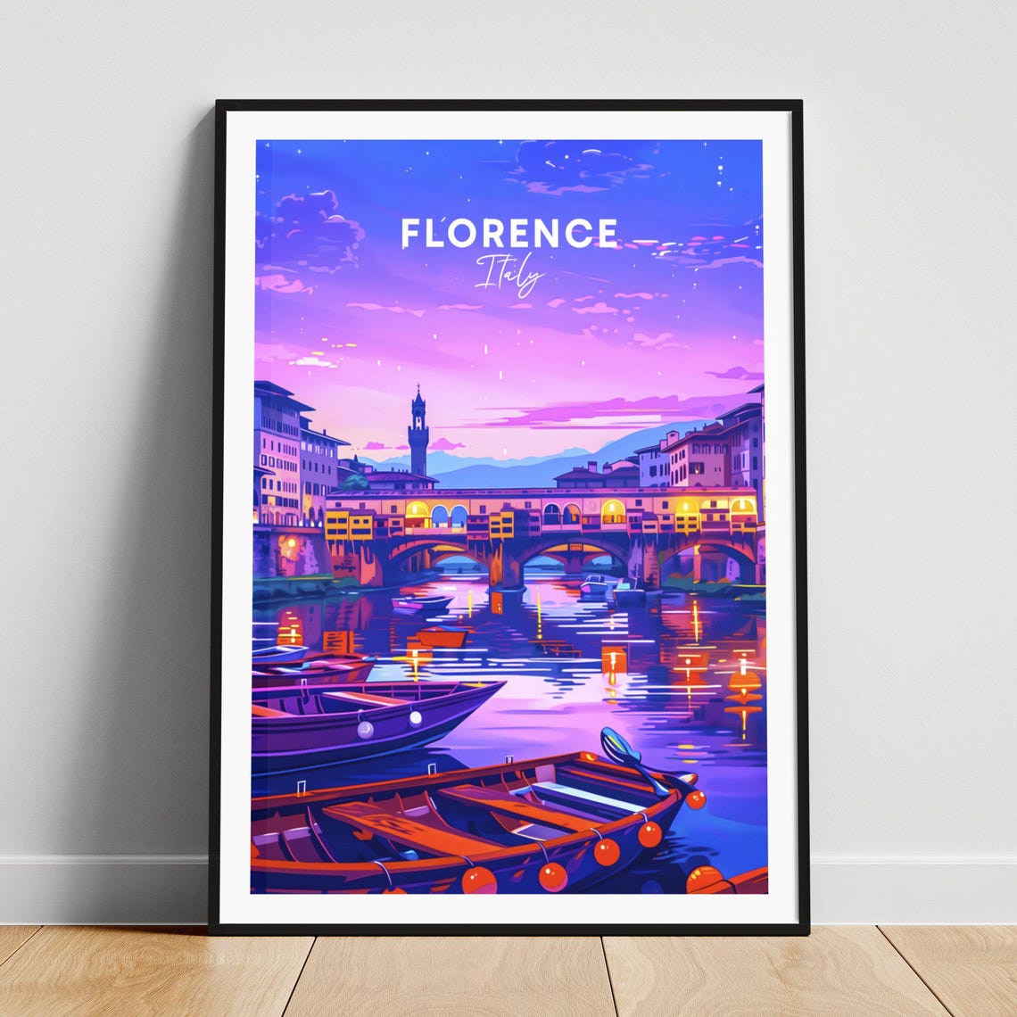 Florence Italy Ponte Vecchio Night Glow Twilight Travel Poster