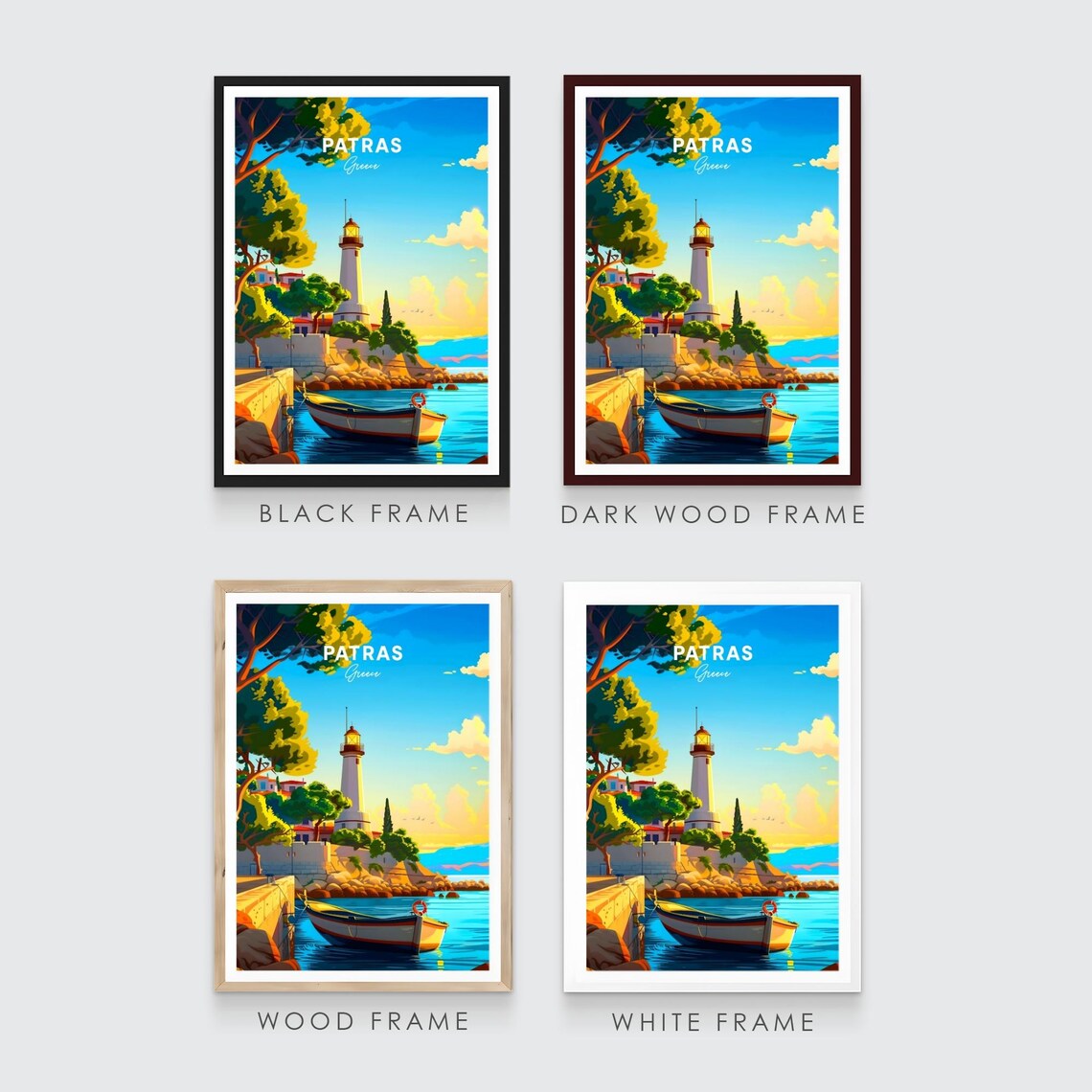 Patras Greece Lighthouse on Rocky Coast with Fishing Boat Poster - Image 3