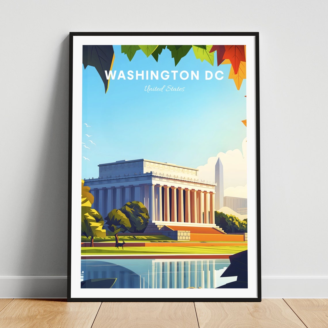Washington DC Lincoln Memorial Autumn Leaves Pool Travel Poster