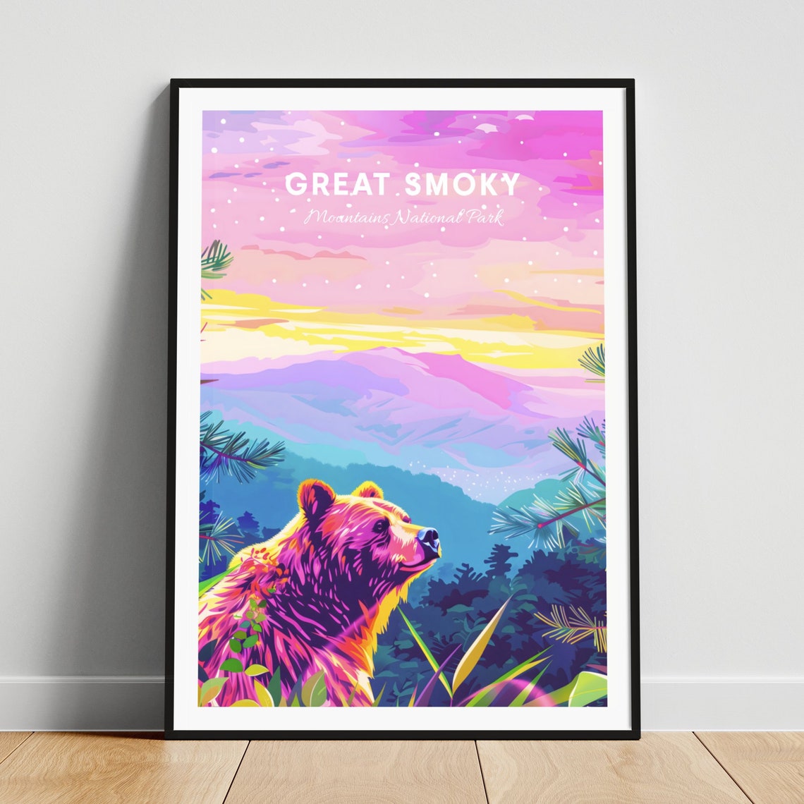 Great Smoky Mountains Bear at Pink Sunset Vintage Style Poster