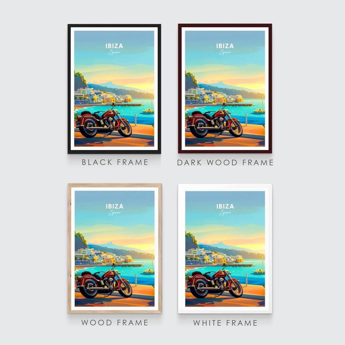 Ibiza Spain Red Motorcycle Waterfront Old Town Sunset Poster - Image 3