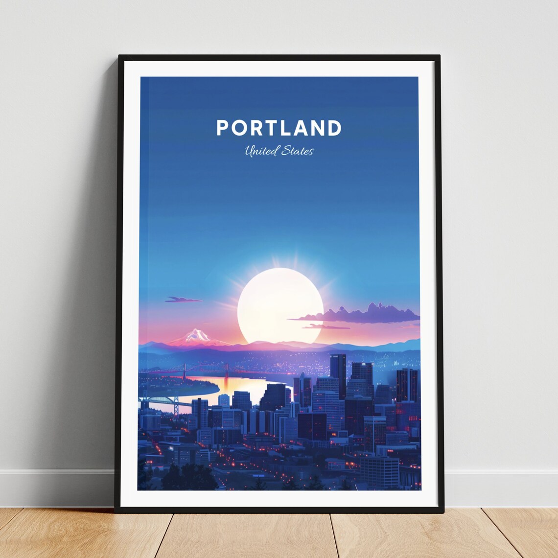Portland Night Skyline with Mount Hood and Full Moon Travel Poster