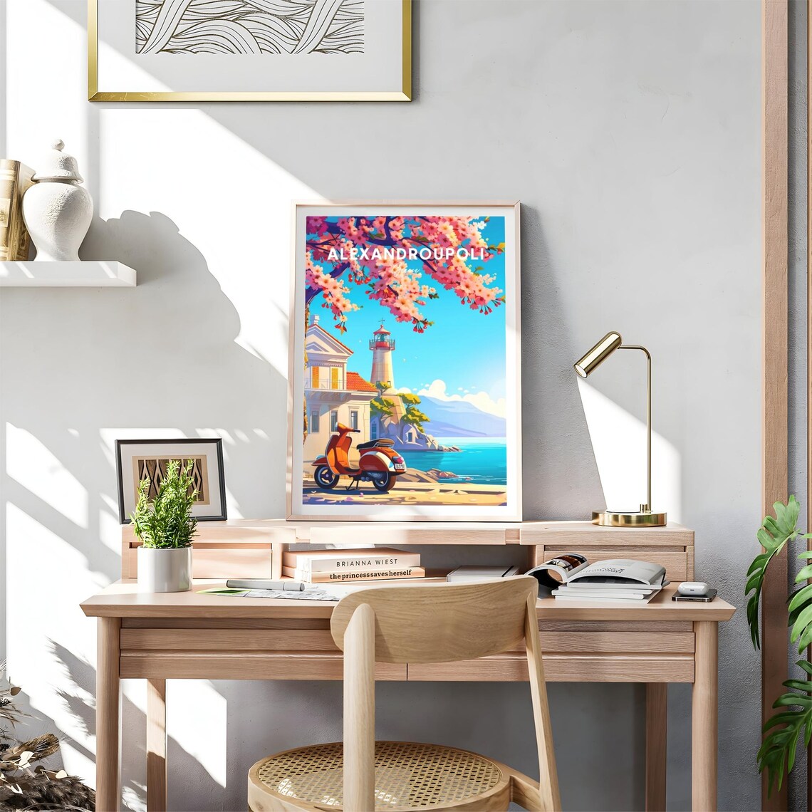 Alexandroupoli Greece Lighthouse Cherry Blossom Scooter Travel Poster - Image 4