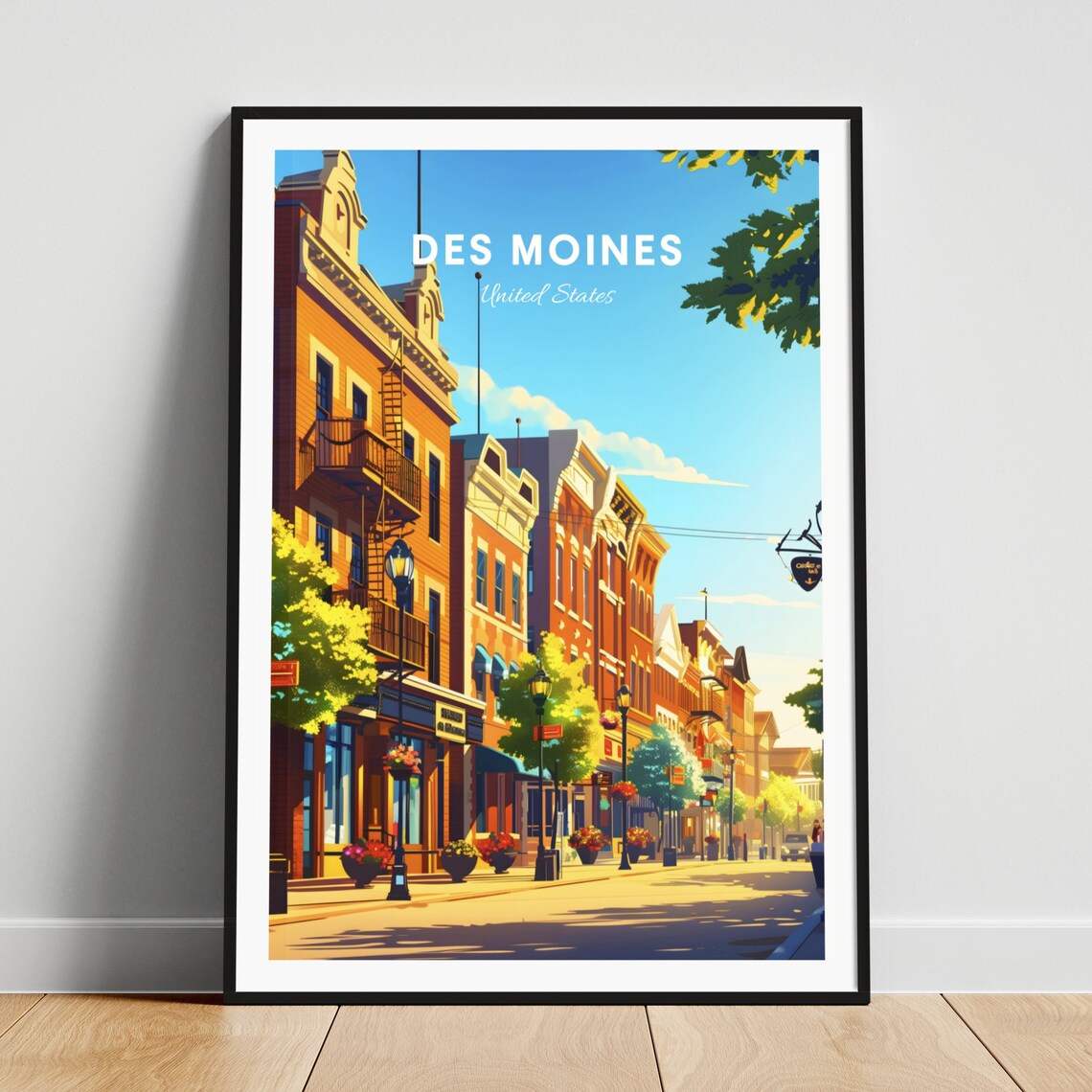 Des Moines Historic Brick Street Old Town Facades Travel Poster