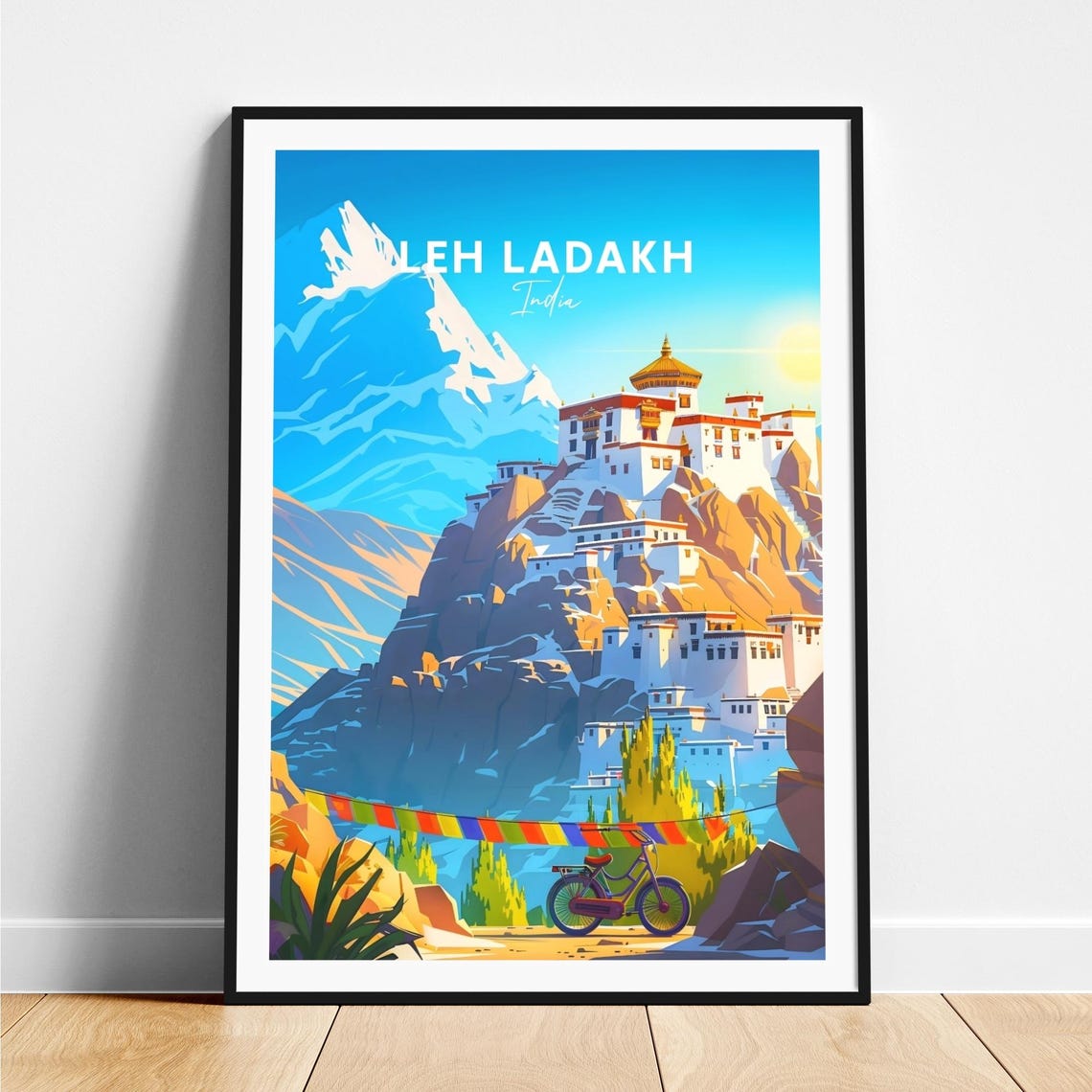 Leh Ladakh India Snow Cliff Monastery Colorful Prayer Flags Poster