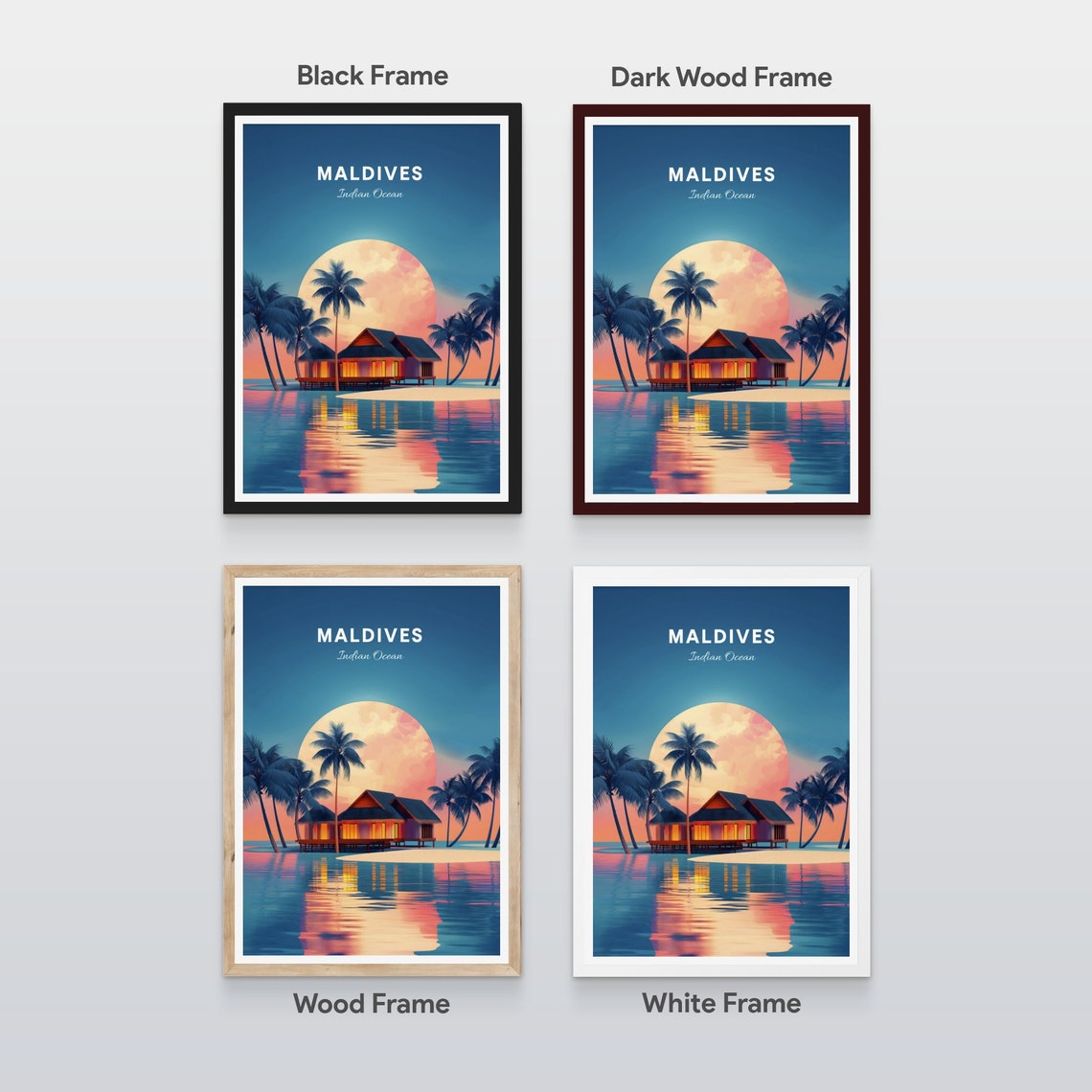Maldives Indian Ocean Sunset Overwater Bungalow Travel Poster - Image 2