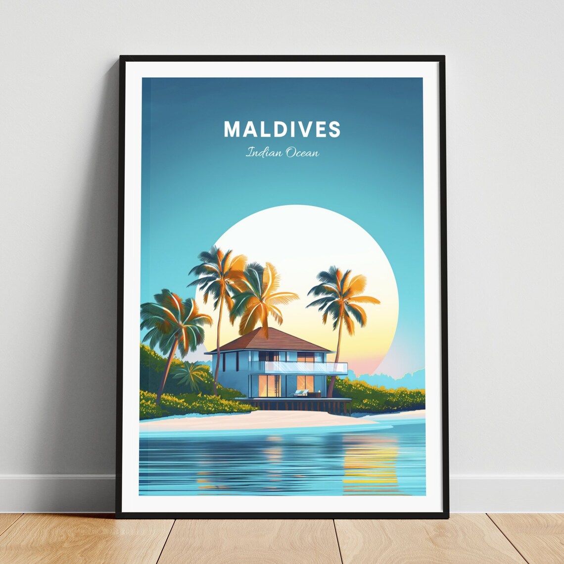 Maldives Indian Ocean Beach House Palms Sunset Villa Travel Poster