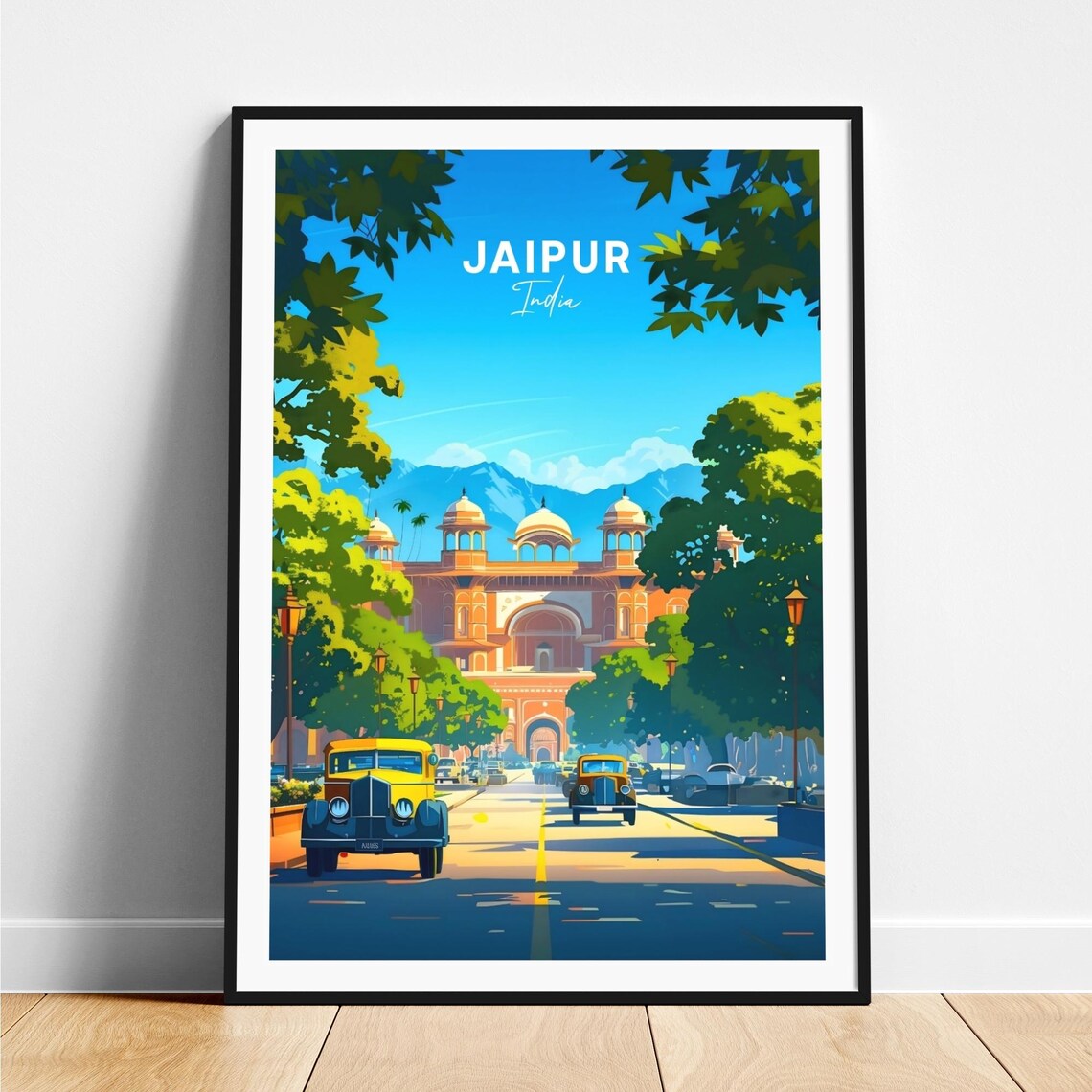 Jaipur India Pink Palace Gate with Vintage Cars Travel Poster