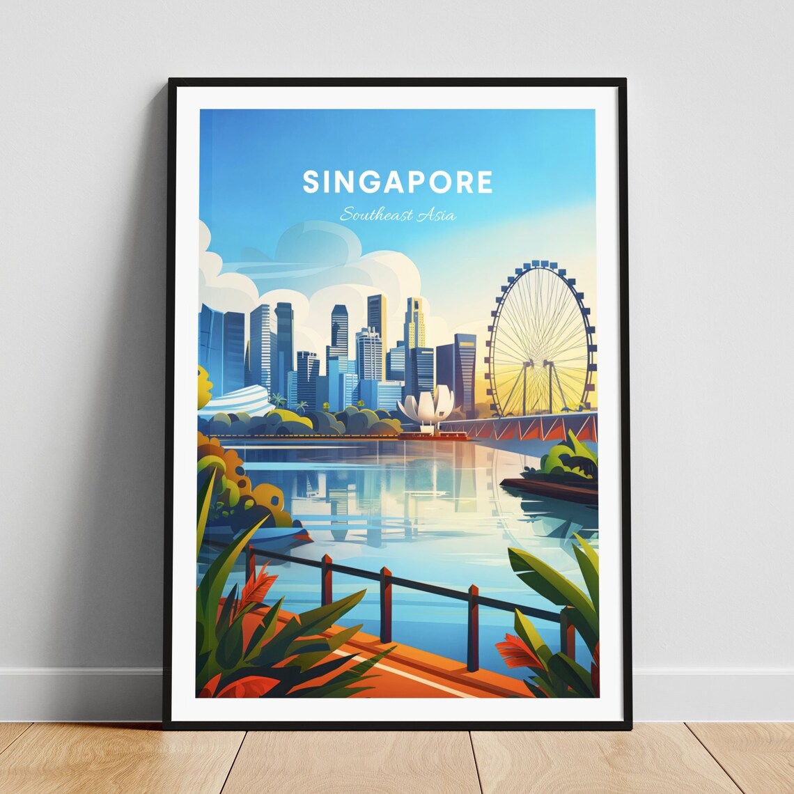 Singapore Marina Bay Skyline with the Giant Flyer Wheel Poster