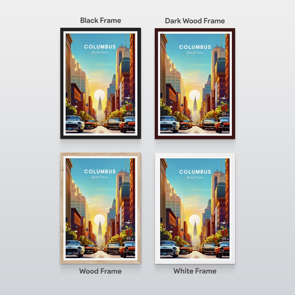 Columbus Downtown Sunset Street Skyscrapers Vintage Travel Poster - Image 2
