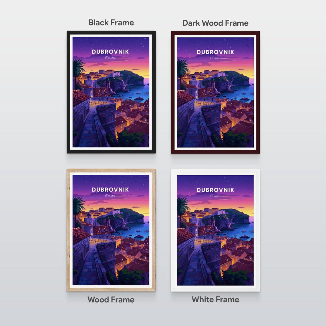 Dubrovnik Sunset Old City Walls Rooftops Sea View Travel Poster - Image 2