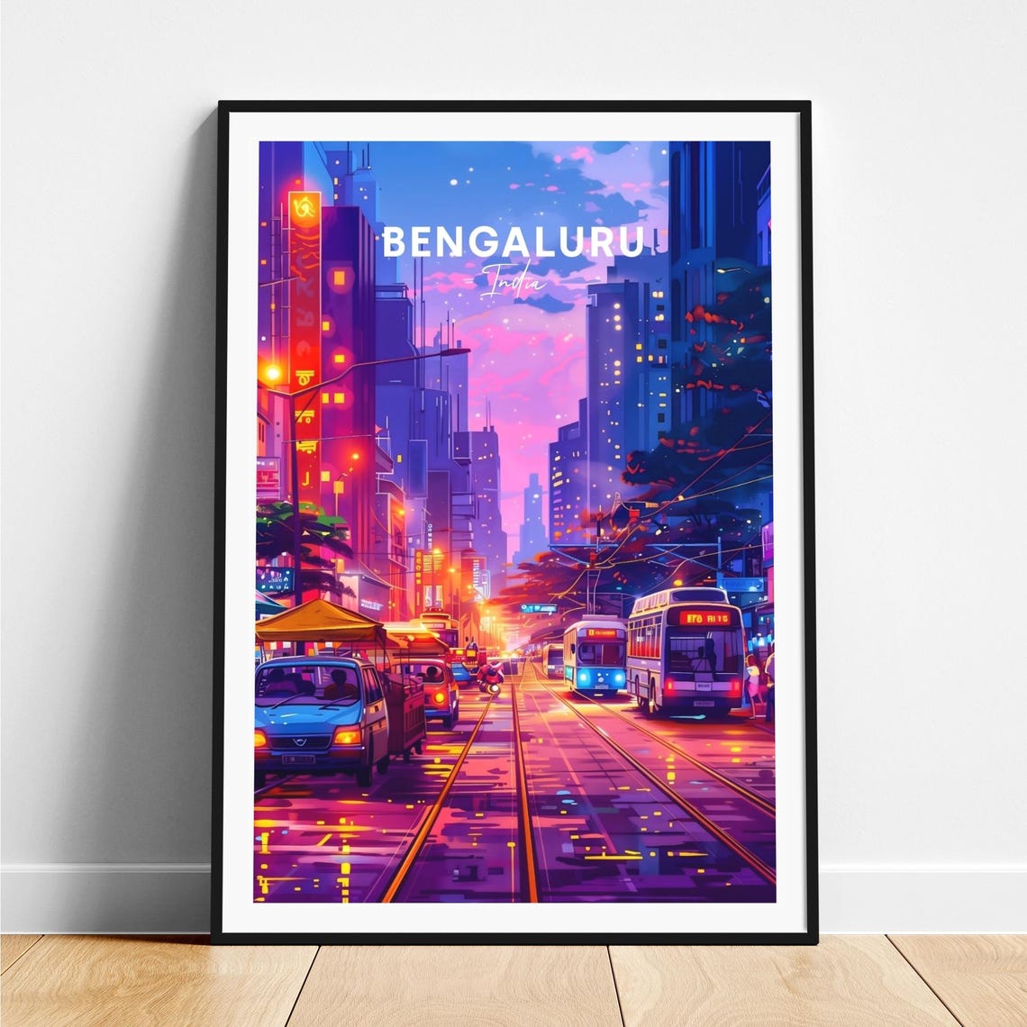 Bengaluru India Glowing Neon Night City Street Buses Travel Poster