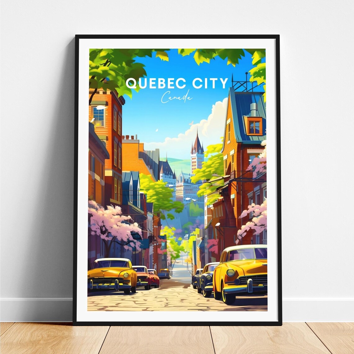 Quebec City Canada Old Town Street Classic Cars Blossom Poster