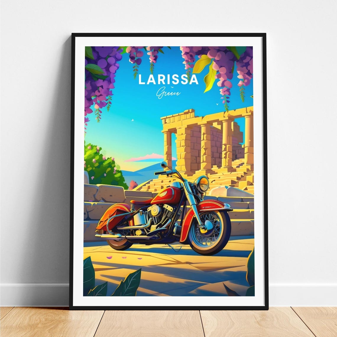 Larissa Greece Ancient Temple Red Motorcycle Ruins Travel Poster