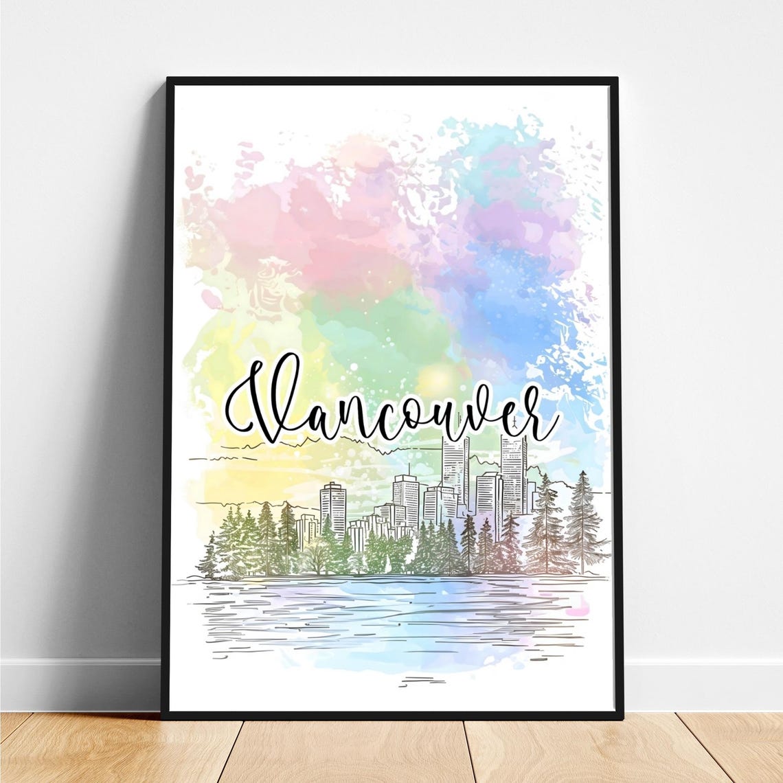 Vancouver Waterfront Skyline Watercolor Script Travel Poster