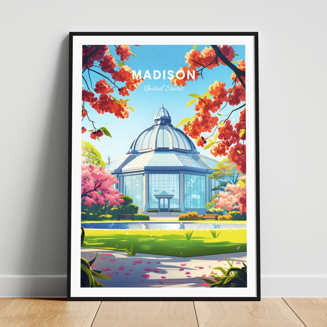 Madison Botanical Conservatory Poster: Glass Dome Amid Spring Blossoms