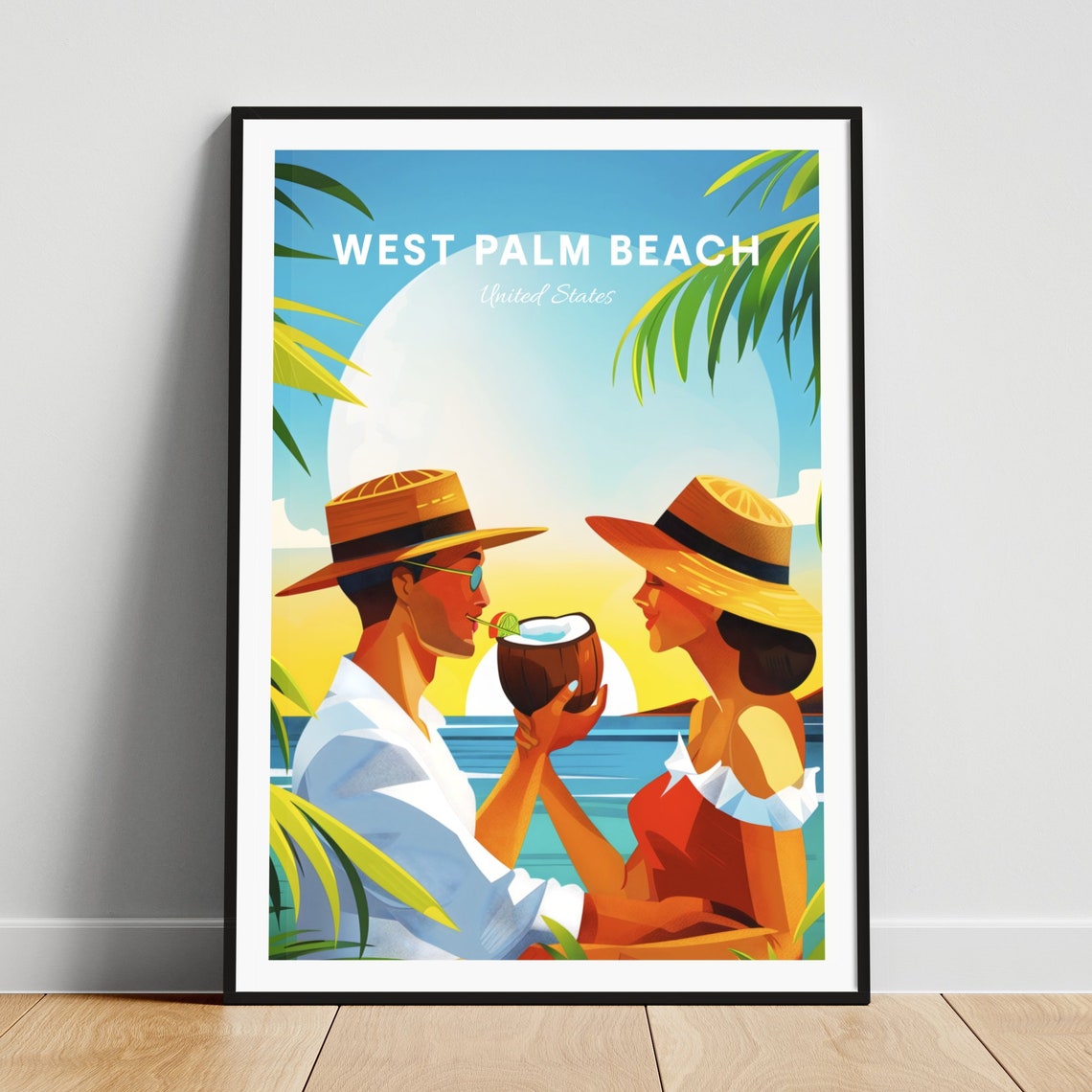 West Palm Beach Florida Couple Coconut Sunset Beach Travel Poster