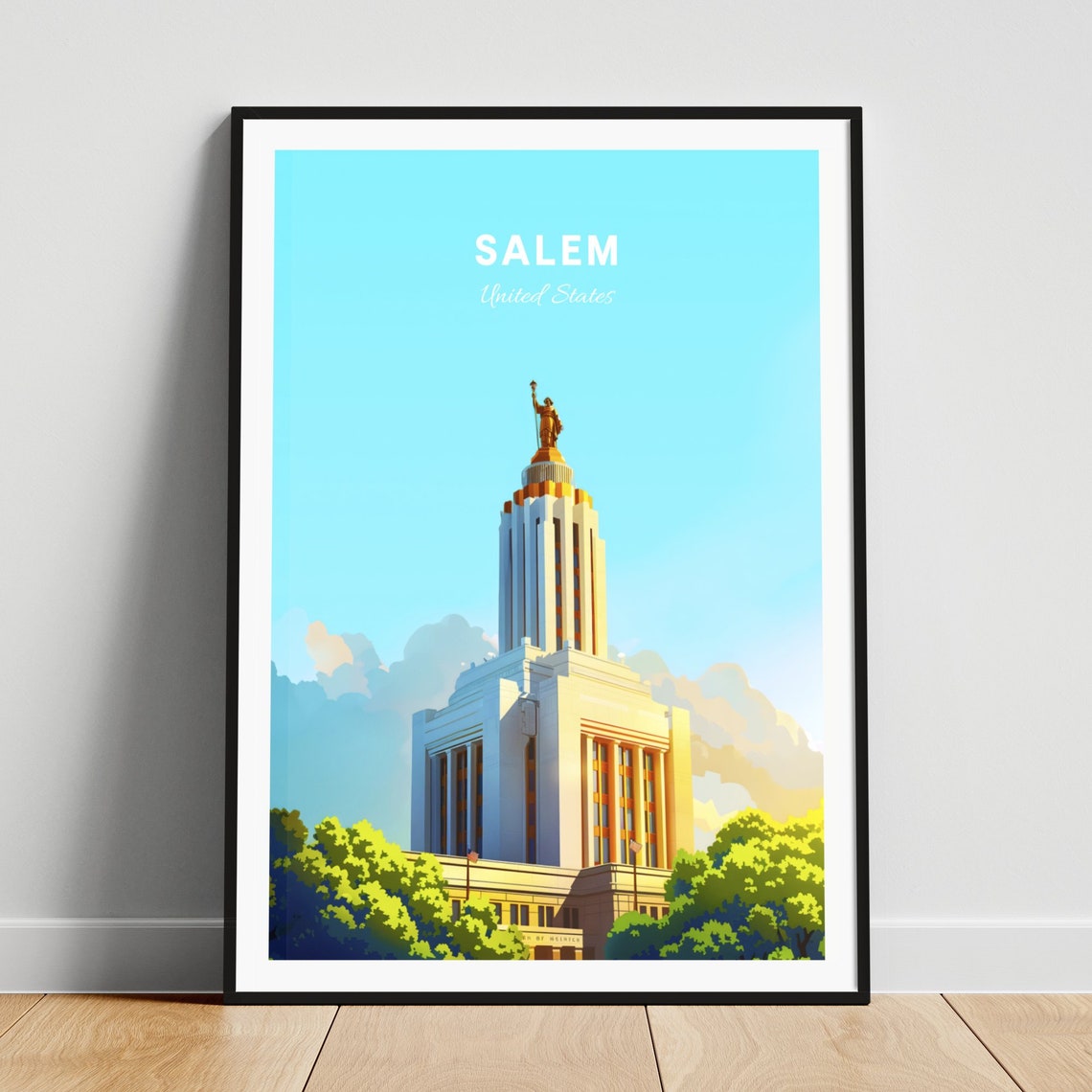 Salem Oregon State Capitol Golden Statue Sky Travel Art Poster