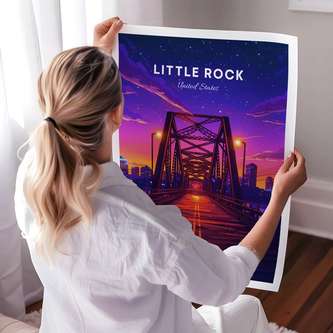 Little Rock Starry Night Bridge with Glowing City Lights Poster - Image 3