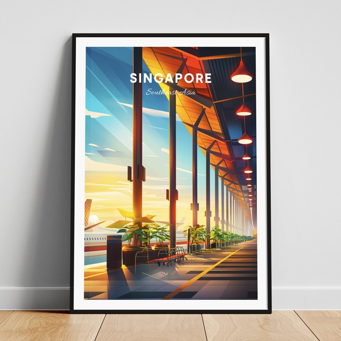 Singapore Airport Terminal Interior Golden Hour Vintage Travel Poster