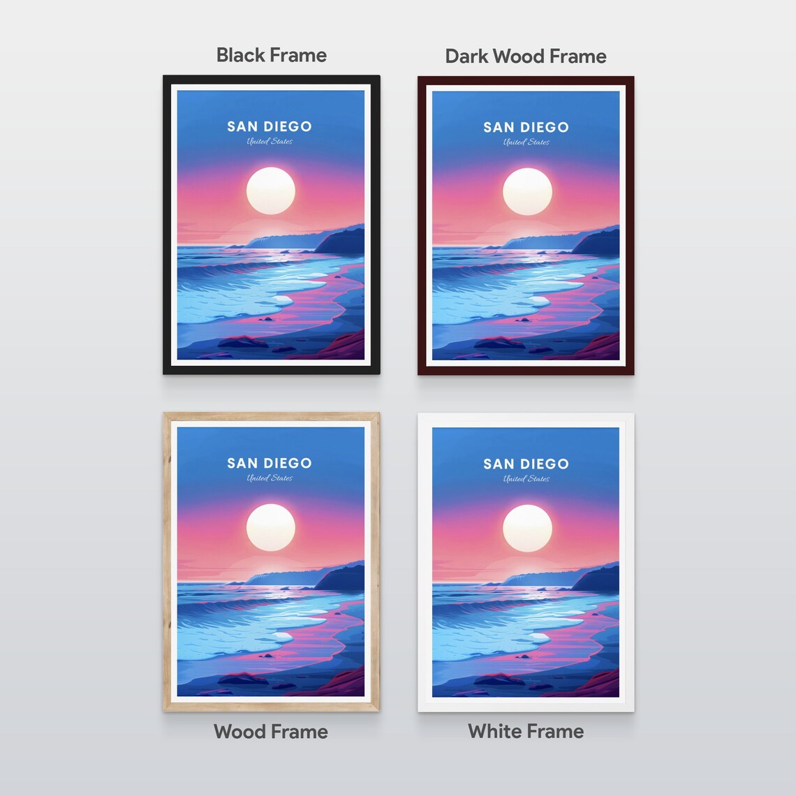 San Diego California Pink Sunset Ocean Waves Beach Travel Poster - Image 2