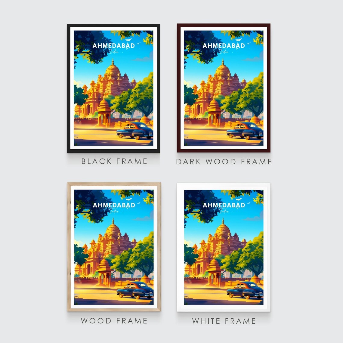Ahmedabad India Golden Temple Classic Car Vintage Travel Poster - Image 3
