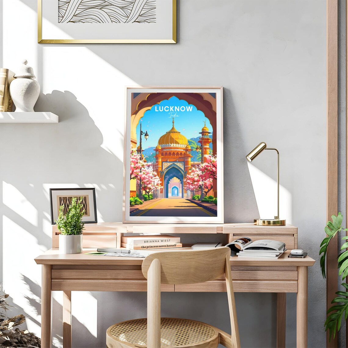 Lucknow Golden Dome Mosque Arch Blossoms India Travel Poster - Image 4