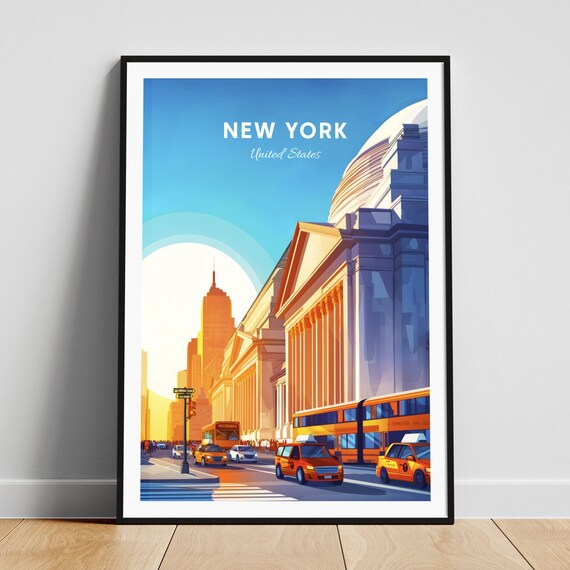 New York Street Yellow Cabs Column Building Sunrise Vintage Travel Poster