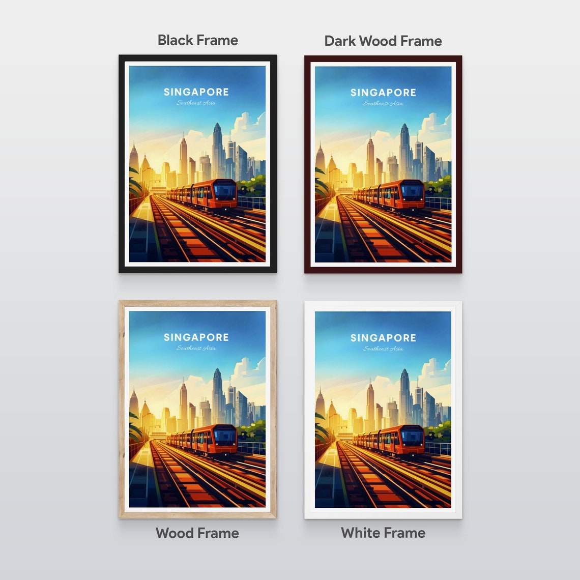 Singapore Elevated Train Sunrise City Skyline Vintage Travel Poster - Image 2