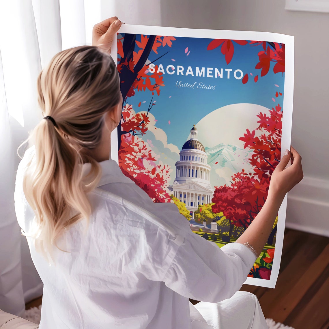 Sacramento State Capitol in Autumn Red Blossom Trees View Poster - Image 3