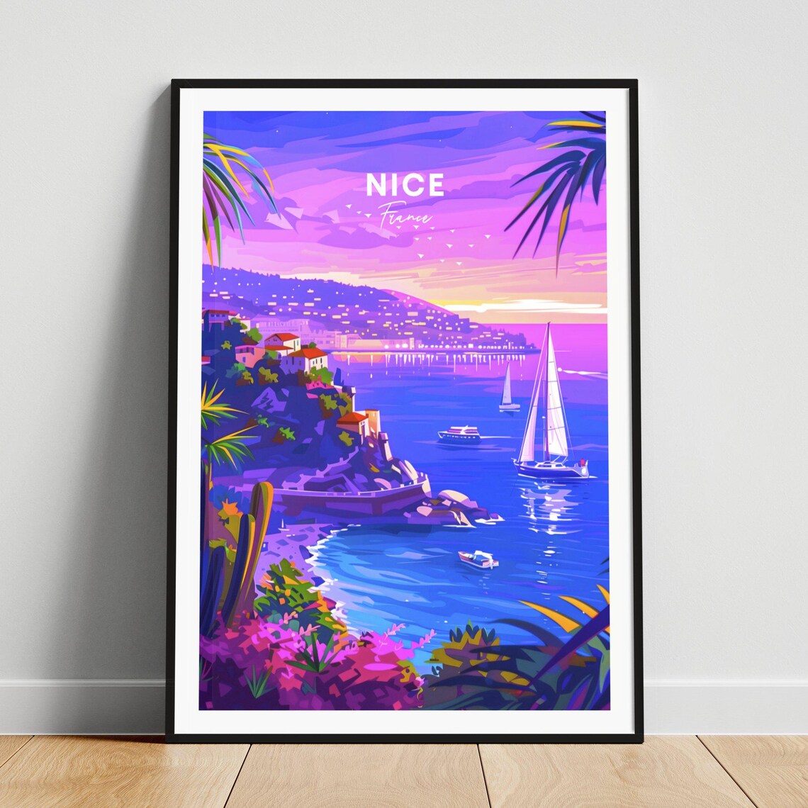 Nice France Purple Sunset Sailboats Mediterranean Coast Travel Poster