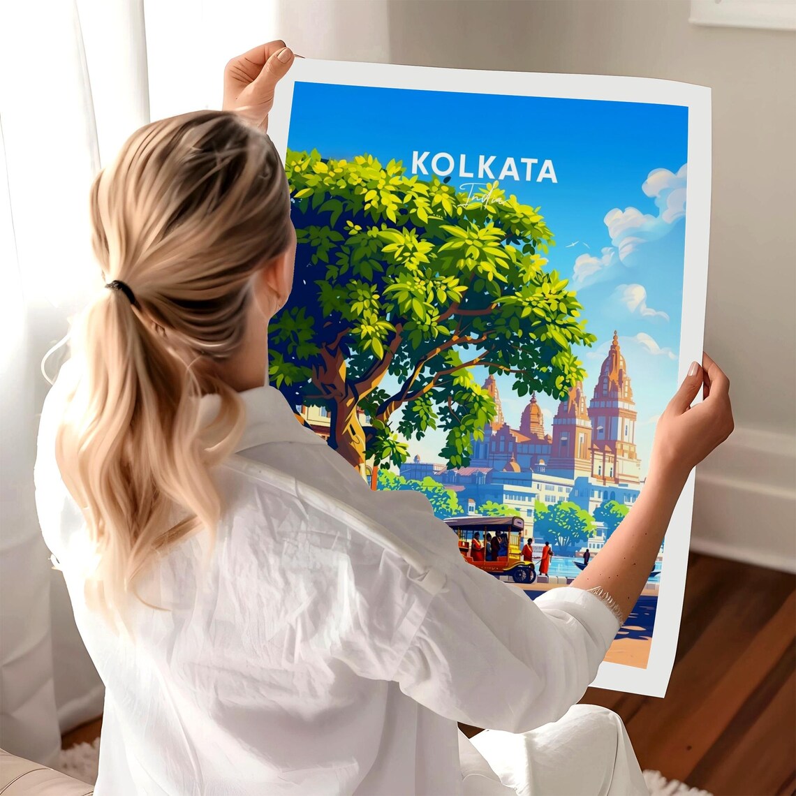 Kolkata India Rickshaw Street Banyan Tree Temple Towers Travel Poster - Image 3