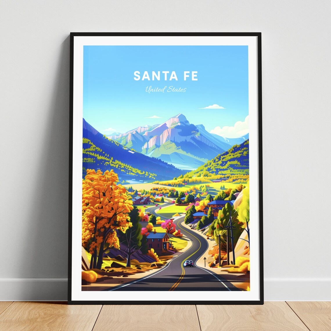 Santa Fe New Mexico Autumn Mountain Valley Road Vintage Travel Poster