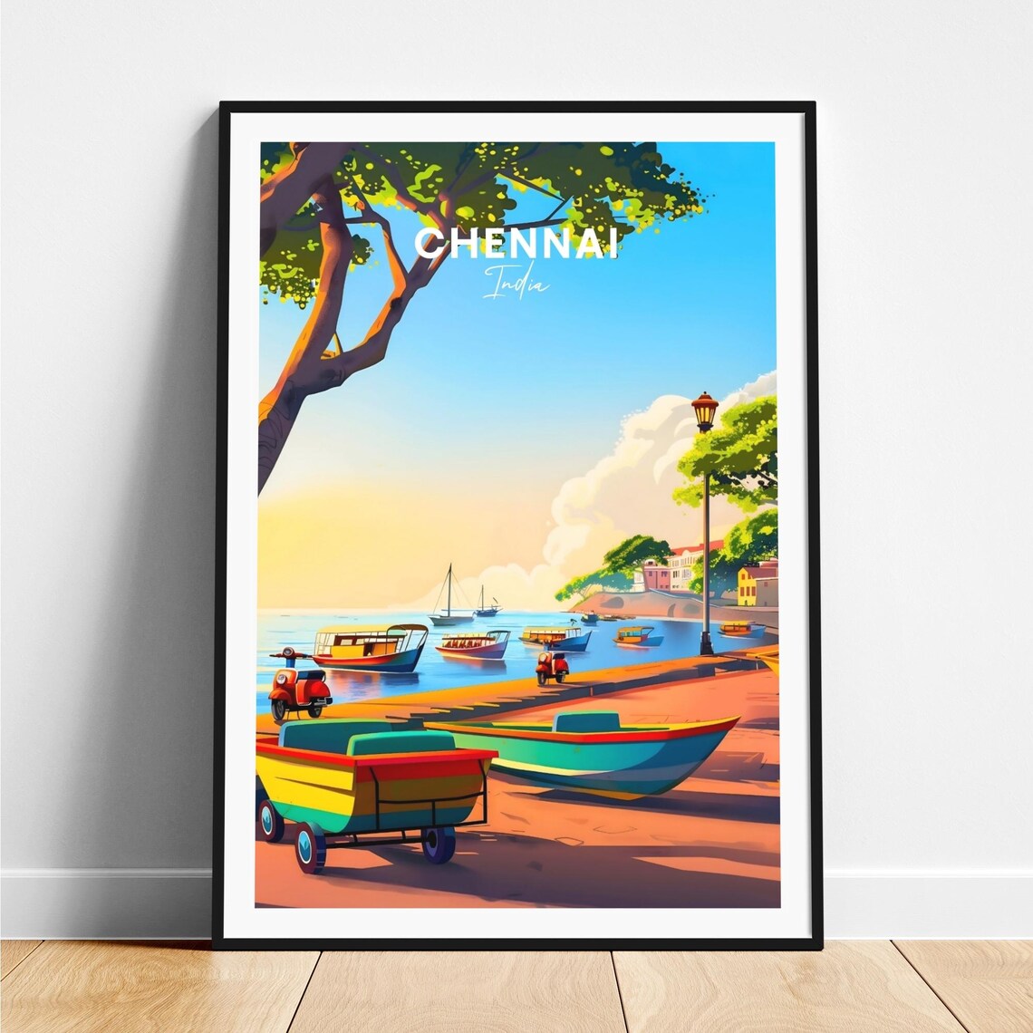 Chennai India Harbor Boats Golden Sunset Waterfront Travel Poster