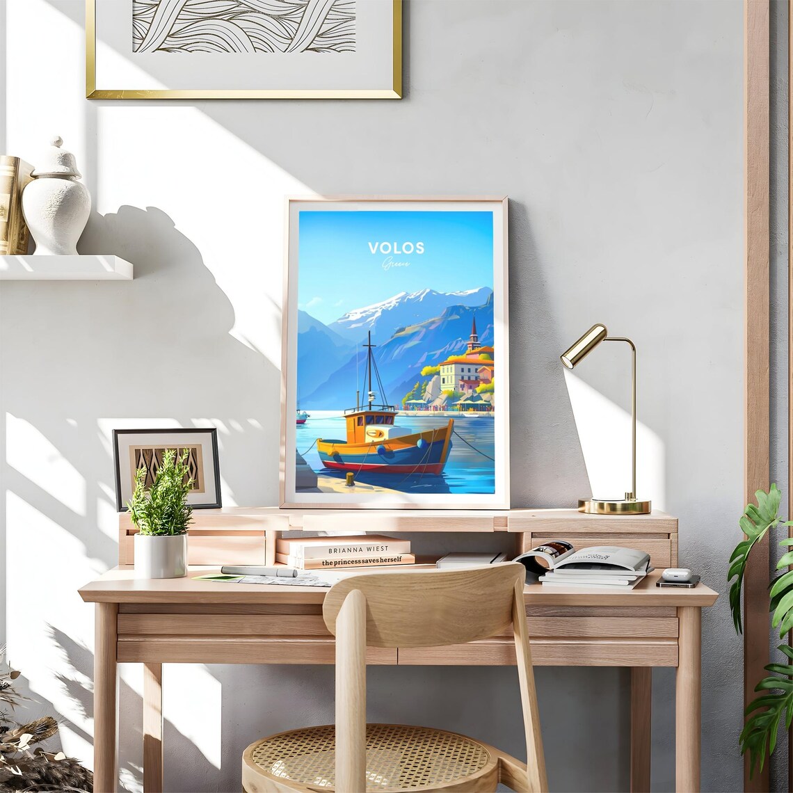 Volos Greece Fishing Boat Harbor Snow Mountains Travel Poster - Image 4